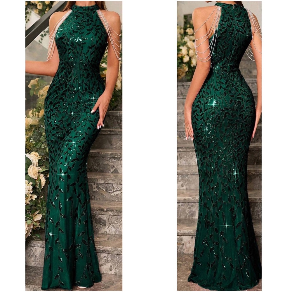 Luxe Sequin Halter Evening Party Wedding Bodycon Gown Dress - Picture 3 of 6